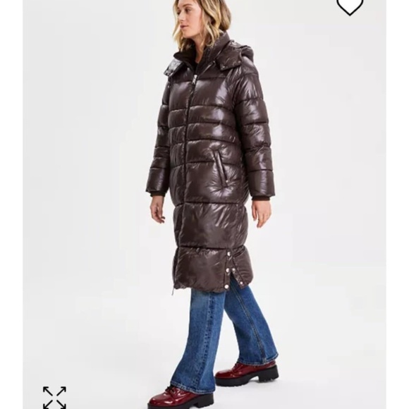 NWT GUESS Women's Shine Mid-Length Puffer Coat in Brown Espesso size Small NWT - Picture 2 of 8